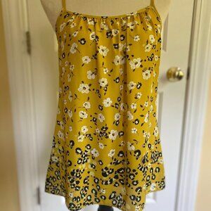 CAbi Couple Cami, yellow mustard gold shirt with black and white flowers, S.